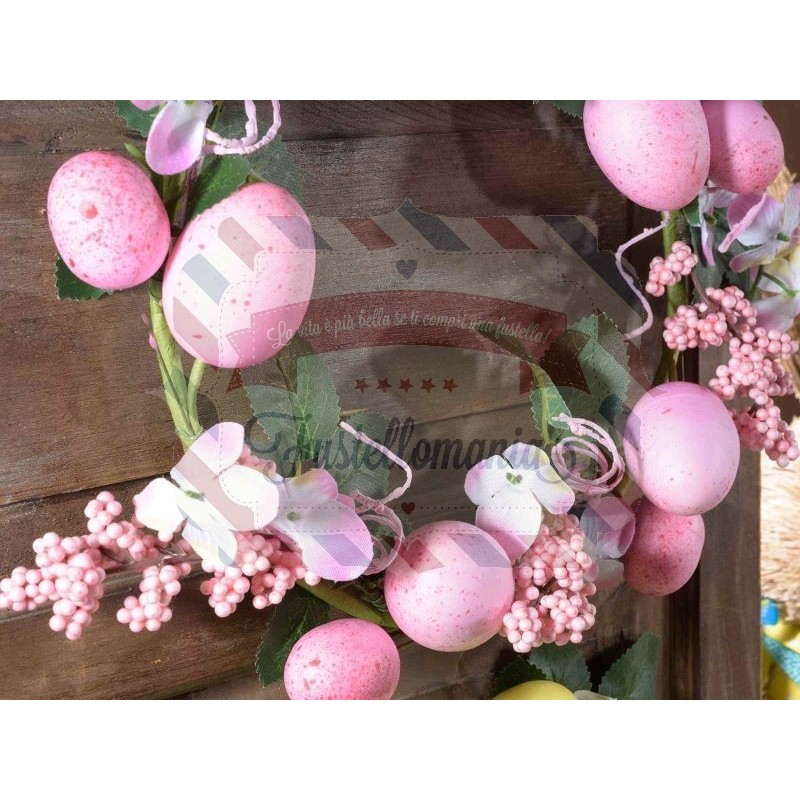 Ghirlanda Pasquale con fiori artificiali e uova 